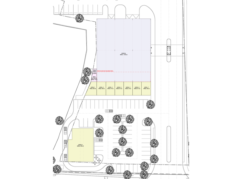 Top-view plan of Ascend Coyol commercial spaces with modular layout and areas starting at 46 m²